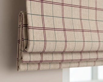 Beige Windowpane Plaid Roman Shade, Red and Green Check Custom Window Blind, Farmhouse Plaid Window Treatment for Kitchen or Living Room