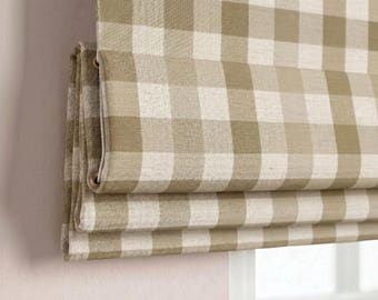 Taupe Beige Gingham Roman Shade, Custom Oatmeal Check Window Blind, Natural Linen Look Roman Curtain, Farmhouse Kitchen Shade