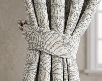 Sage Green Botanical Embroidered Curtains, Tailored Leaf Pattern Drapes for Living Room & Bedroom, Woven Fabric Window Coverings