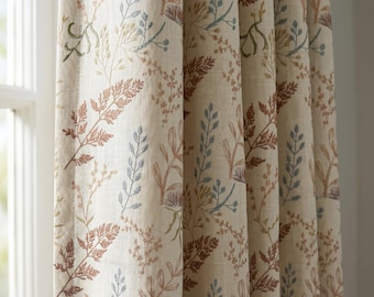 Cortinas botánicas bordadas, cortinas florales con aspecto de lino color marfil, paneles de cortina con ojales personalizados, cortinas para ventanas estilo casa de campo.