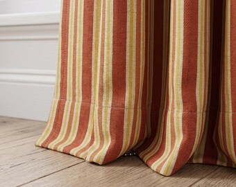 Terracotta Mustard Striped Curtains, Cotton Linen Curtain Panels, OEKO TEX Fabric Drapes, Rust Yellow Vertical Stripe Curtains