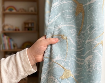 Embroidered Blue Bird Curtains for Kids Room, OEKO-TEX Nursery Drapes, Coastal Baby Room Window Panel