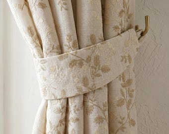 Ivory Beige Embroidered Curtains, Botanical Leaf Linen Look Drapes, Back Tab Curtain Panel, Neutral Floral Window Curtains