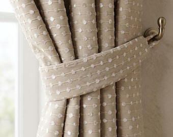 Cortinas de lunares beige, paneles de cortinas de lunares texturizados, cortinas neutras estilo casa de campo, cortinas personalizadas para dormitorio y sala de estar.