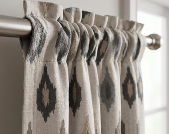 Grey and Taupe Geometric Curtain Panel, Woven Diamond Window Treatment, Boho Custom Drape for Living Room, Textured Cream Cotton Curtain