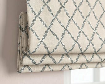 Blue Trellis Roman Shade | Embroidered Linen Roman Blind | Custom Farmhouse Window Treatment