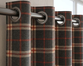 Charcoal Plaid Curtains, Black Red Tartan Curtain Panels, Farmhouse Cabin Drapes, Custom Blackout Window Curtains