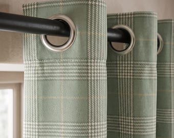 Green Plaid Curtains, Tailored Tartan Window Drapes for Living Room & Bedroom, Woven Fabric Window Coverings