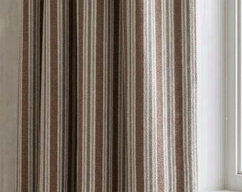 Brown Striped Curtains, Taupe Beige Cotton Linen Drapes, OEKO TEX Curtain Panels, Rustic Farmhouse Stripe Curtains, Custom Window Curtains