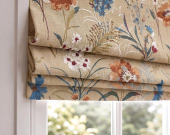 Estor romano de lino botánico, estor romano azul bordado, estor floral beige OEKO-TEX, cortina romana a medida para casa de campo