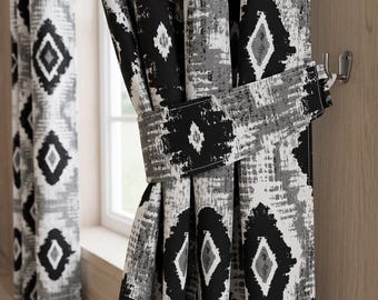 Black and White Abstract Curtain Panel, Distressed Geometric Window Treatment, Grey Modern Custom Drape for Living Room or Bedroom
