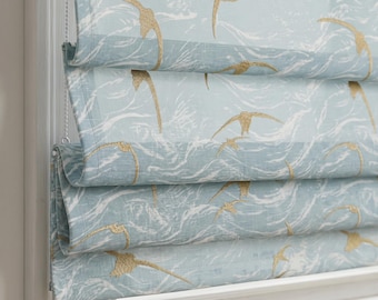 Blue Bird Roman Shade, Coastal Roman Blind, Flying Birds Window Shade, Kids Room Nursery Roman Curtain, Custom Linen Shade