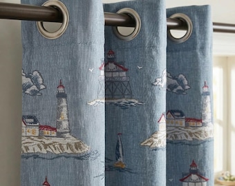 Coastal Lighthouse Printed Curtains, Nautical Blue Drapes, Beach House Window Panels, Ocean Theme Curtains, Custom Size Curtains