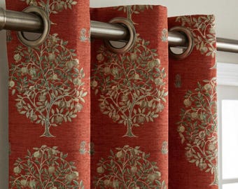 Rust Botanical Tree Curtains | Linen Look Window Panels | Nature Inspired Drapes | Farmhouse Living Room Curtains