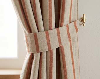 Terracotta Striped Linen Curtain – Custom Size, Light Filtering or Blackout
