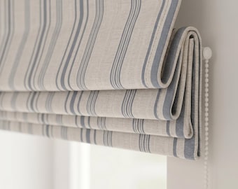 Custom Blue Striped Roman Shade, Linen Roman Blind, Coastal Farmhouse Window Treatment, Blue Stripe Roman Curtain, Privacy or Blackout Shade
