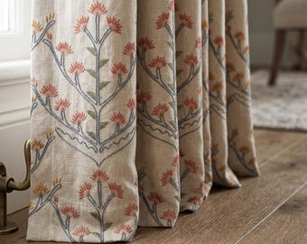 Embroidered OEKO-TEX Linen Cotton Curtains, Floral Botanical Drapes, Custom Beige Curtain Panels, Farmhouse Cottage Curtains