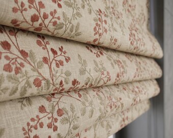 Beige Floral Roman Shade, Terracotta Embroidered Roman Blind, Custom Botanical Window Shade, French Country Cottage Decor