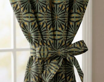 Emerald Green Art Deco Curtains, Geometric Luxury Drapes, Custom Window Panels with Blackout or Privacy Lining
