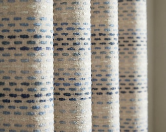 Textured Blue Stripe Curtains, Linen Look Light Filtering Drapes, Woven Dot Fabric Window Panels, Custom Size Curtains