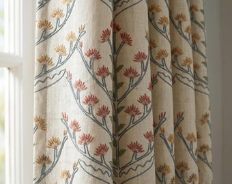 Cortinas de lino y algodón OEKO-TEX bordadas, cortinas con estampado floral botánico, paneles de cortina beige a medida, cortinas estilo casa de campo.