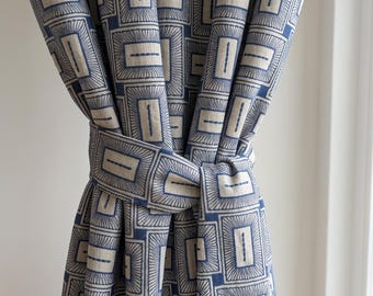 Navy Blue Geometric Embroidered Curtains, Tailored Modern Rectangular Pattern Drapes for Living Room & Bedroom, Woven Fabric Window drape