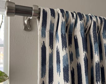 Blue Brushstroke Striped Curtain Panel, Textured Woven Window Treatment, Navy and Light Blue Distressed Stripe Custom Drape for Living Room