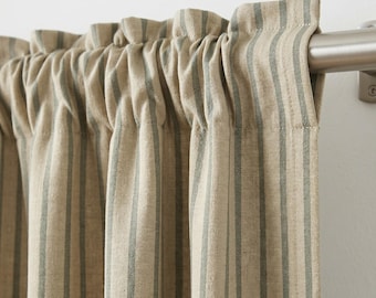 Green Striped Cotton Linen Curtains, OEKO TEX Beige Green Curtain Panel, Farmhouse Rod Pocket Drapes, Custom Cottage Window Curtains