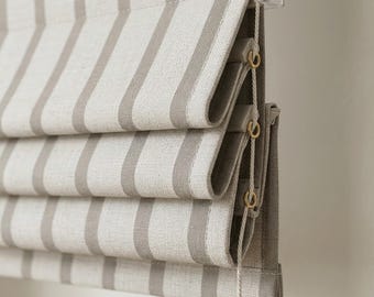 Beige Striped Roman Shade, Custom Neutral Window Blind, Linen Look Roman Curtain