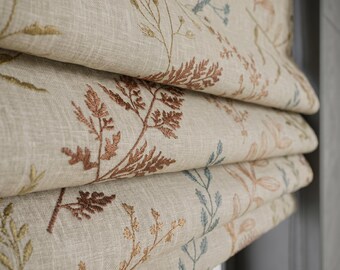 Botanical Embroidered Roman Shade, Beige Linen Look Roman Blind, Custom Floral Window Shade, Cottage Farmhouse Nursery Shade