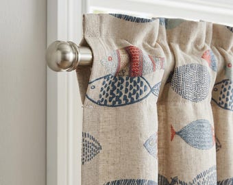 Embroidered Fish Linen Curtains, Coastal Window Drapes, Custom Oeko Tex Fabric