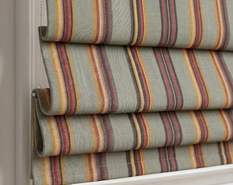 Estor romano a rayas, estor romano verde salvia, estor de ventana a rayas multicolores, cortina romana a medida, tratamiento de ventanas estilo casa de campo