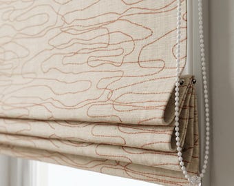 Abstract Line Art Roman Blind ,Terracotta Printed Linen Window Shade ,Custom Roman Shades with Beaded Chain