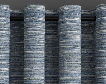 Blue Textured Linen-Look Curtains | Custom Size Woven Drapes (Privacy/Blackout)