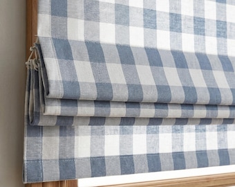 Estor romano de cuadros vichy azules / Estor romano de cuadros rústicos / Tratamiento de ventana a medida / Cortina romana a cuadros con aspecto de lino / Estor estilo cabaña