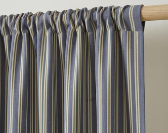 Blauw en beige gestreepte gordijnen | Op maat gemaakte rolgordijnen | Gordijnen in linnenlook | Boerderij Kust Slaapkamer Woonkamer