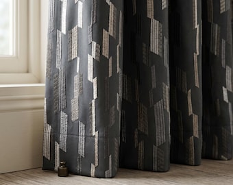 Blue Velvet Geometric Curtains, Navy Embroidered Velvet Drapes, Modern Abstract Luxury Curtain Panels, Custom Bedroom Curtains