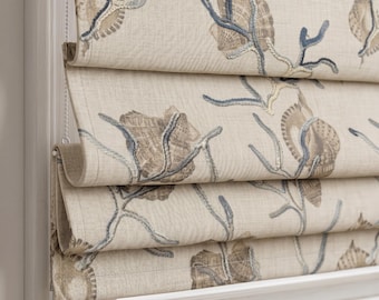 Embroidered Coral Roman Shade, Coastal Roman Blind, Seashell Linen  Window Shade, Beach House Roman Curtain, Neutral Blue Shade