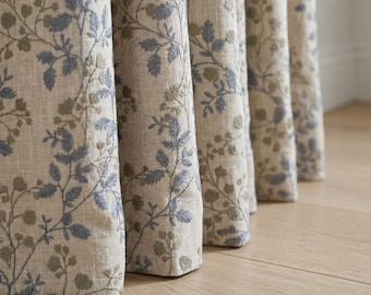 Blue Olive Botanical Embroidered Linen Curtains, OEKO-TEX Beige Floral Drapes, Cottage Farmhouse Custom Curtain Panels