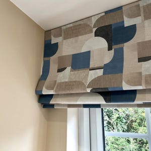 Modern geometrisk romersk gardin, anpassad storlek, linnelook, neutral blå abstrakt romersk gardin, tillverkad på beställning
