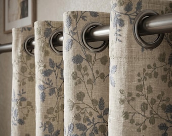 Blue Olive Botanical Embroidered Linen Curtains, OEKO-TEX Beige Floral Drapes, Cottage Farmhouse Custom Curtain Panels