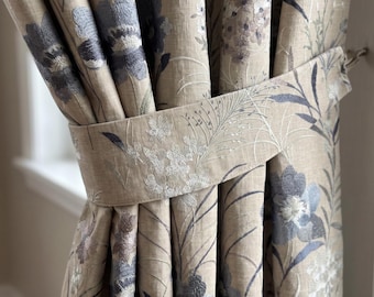 Embroidered Floral Curtains, Taupe Botanical Drapes, Grey Blue Flower Curtains, Linen Custom Curtains, Cottage Farmhouse Window Panels