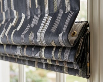 Blue Velvet Roman Shade, Geometric Embroidered Roman Blind, Navy Abstract Window Shade, Luxury Custom Roman Curtain