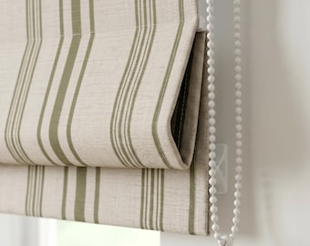 Sage Green Striped Roman Shade, Custom Linen Roman Blind, Green Stripe Window Shade, Farmhouse Kitchen Blind, Neutral Window Treatment