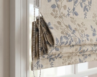 Botanical Linen Roman Shade, Blue Embroidered Roman Blind, OEKO-TEX Beige Floral Window Shade, Custom Cottage Roman Curtain