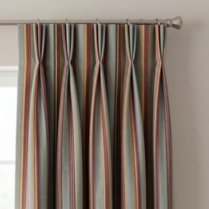 May include: A pinch pleat curtain panel featuring a vertical striped pattern in shades of sage green, muted red, yellow, and dark brown. The fabric hangs from a silver-toned metal curtain rod with matching rings, creating deep, structured folds.