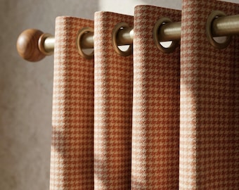 Terracotta Houndstooth Curtains, Rust Pattern Drapes, Custom Window Panels, Farmhouse Curtains, 4 Header Style Options Available
