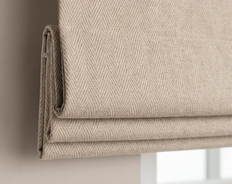 Neutral Herringbone Roman Shade, Custom Linen Roman Blind, Beige Window Shade, Flat Fold Roman Shade, Farmhouse Window Treatment