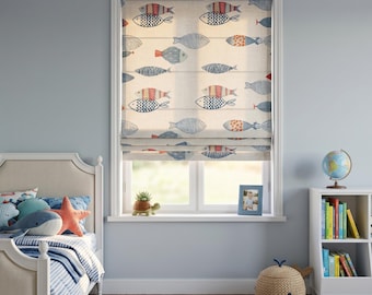 Embroidered Fish Roman Shade, Coastal Roman Blind, Linen  Nursery Window Shade, Kids Room Roman Curtain, Beach House Kitchen Shade