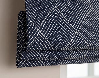 Navy Geometric Roman Shades , Diamond Pattern Window Blinds , Made-to-Measure Woven Fabric Window Coverings